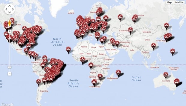 A world map showing all the Gracie Barra schools around the world