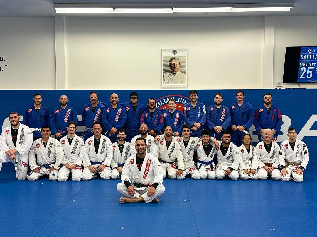 Professor Seidler Rodrigo and part of the adults BJJ students all lined up at Gracie Barra Salt Lake City