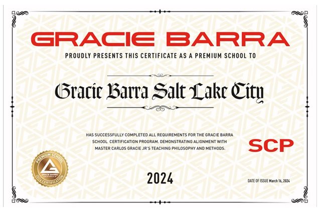 Premium BJJ School Certificate for Gracie Barra Salt Lake City