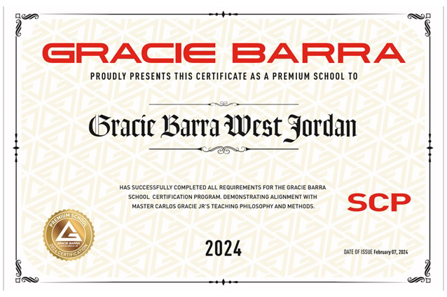 Certificate of Premium BJJ School in Utah for Gracie Barra West Jordan