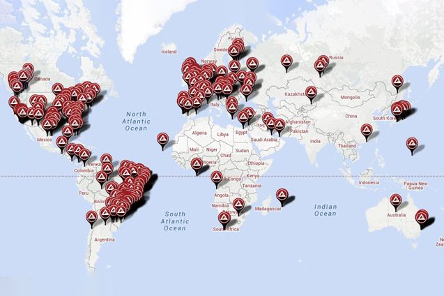 A world map showing with red pins where there is a GB school around the world.